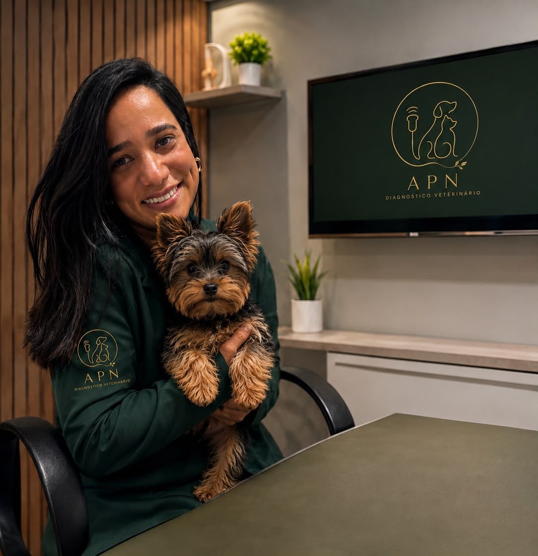 Dra. Andressa Paula Nacif, especialista em ultrassonografia abdominal veterinária, com um cão no consultório